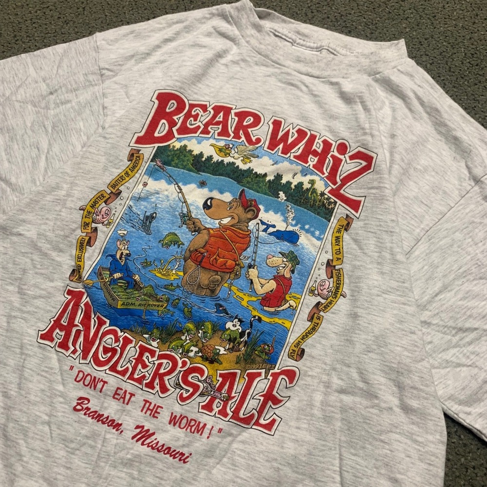 Vintage 1993 Alore Bear Whiz Anglers Ale T-Shirt Branson Missouri Gray Large